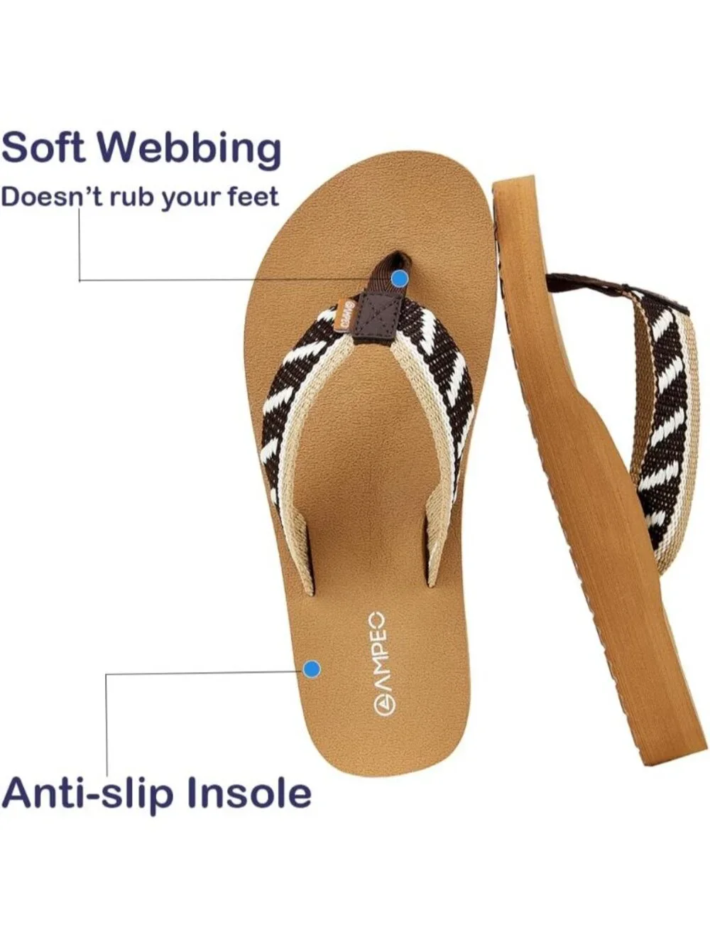 Women's Webbing Stripe Dark Brown Comfortable Flip Flops Summer Thong Sandals
